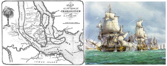 Left: Plan for the British Siege of Charlestown. Right: British fleet sails past Ft. Moultrie.