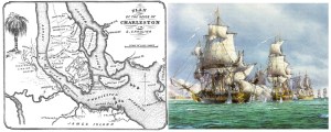 Left: Plan for the British Siege of Charlestown. Right: British fleet sails past Ft. Moultrie.