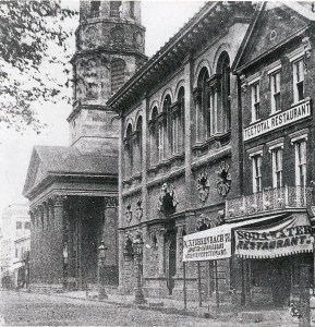 Photo of Meeting Street with 1806 version of Circular Church steeple and portico and SC Institute Hall, c 1860.