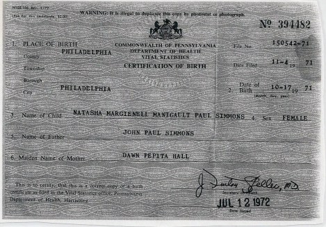 Natasha's birth certificate