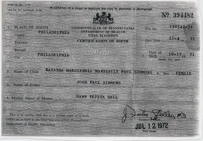 Natasha's birth certificate