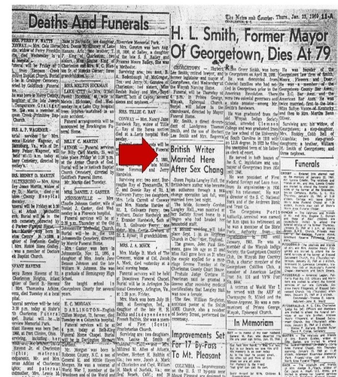 Wedding announcement on the obituary page, Charleston News & Courier